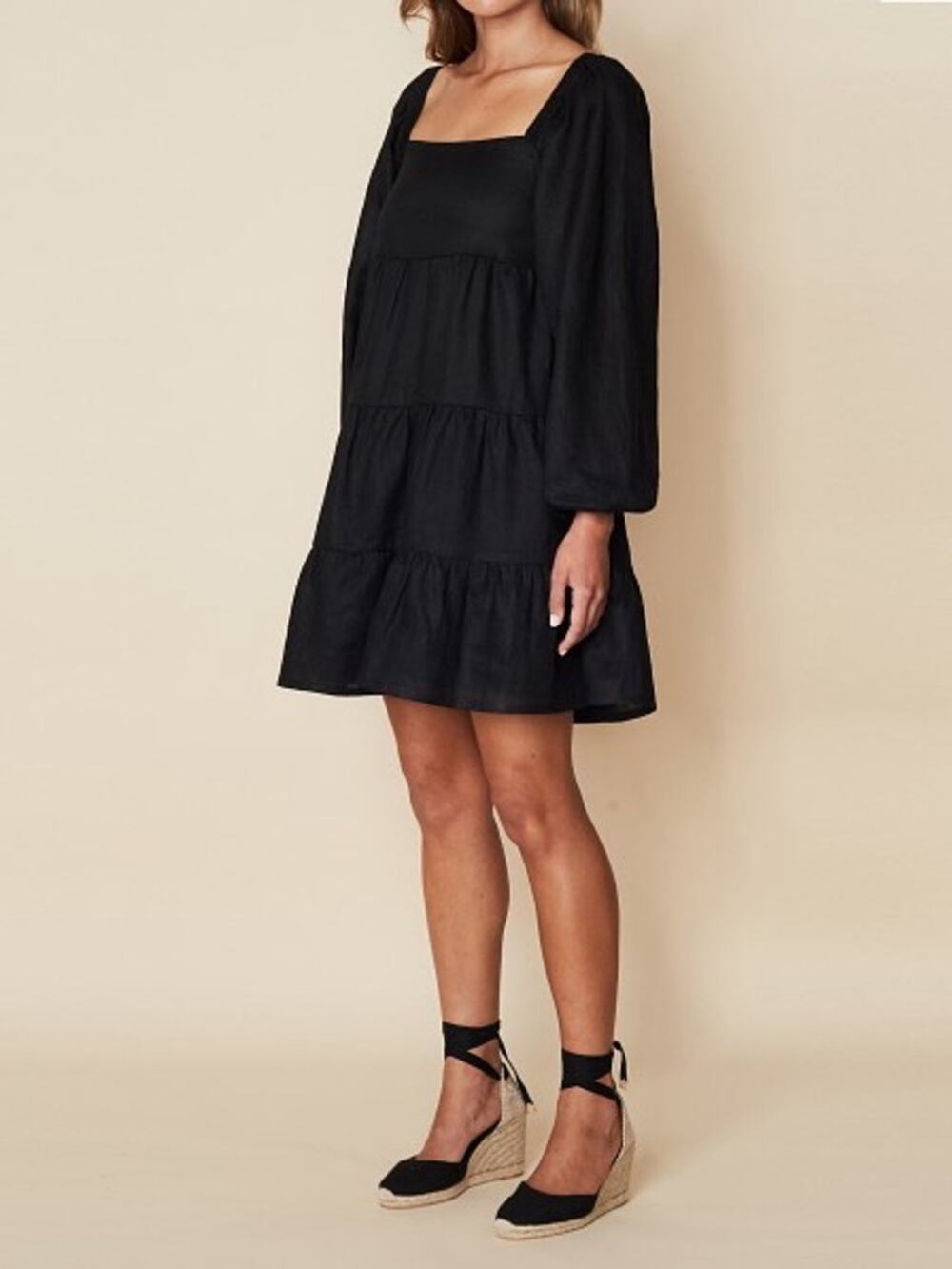 Faithfull the Brand $219 Morissa Mini Dress Black Linen US 6 MED
